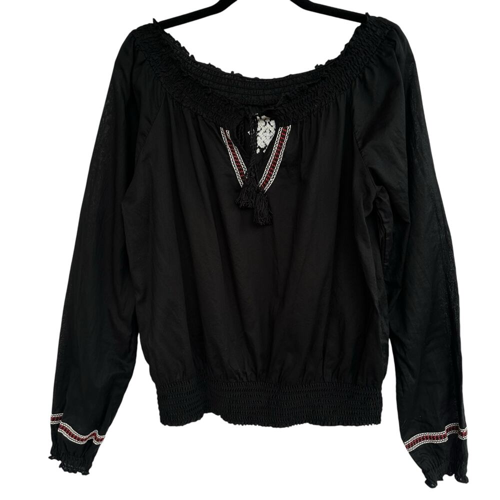Miley Cyrus & Max Azria Black Peasant Top Sz M Embroidered Off Shoulder Bohemian